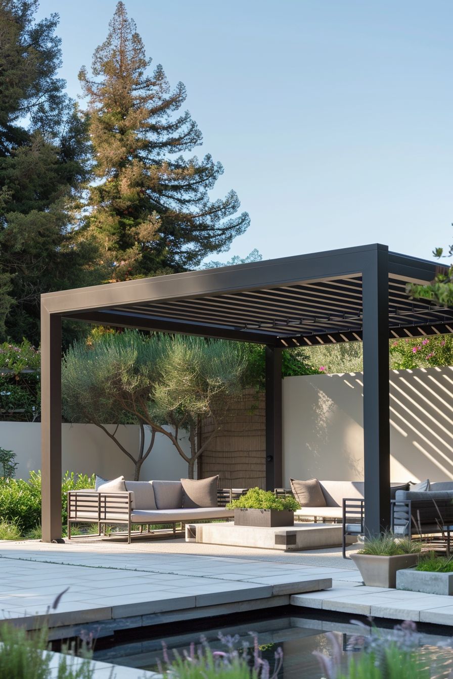 Pérgola bioclimática de aluminio negro junto a una piscina en Lo Barnechea